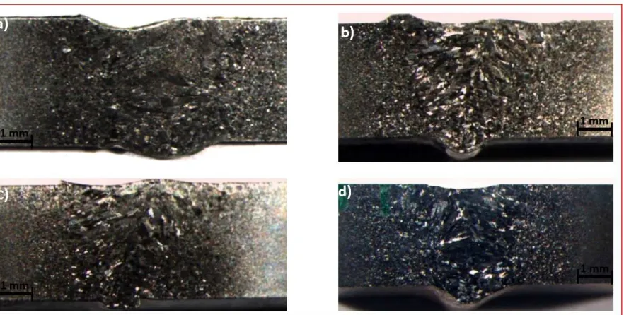 Figure 2: Macrographs of the weld samples: a) Joint 1, b) Joint 2, c) Joint 3, and d) Joint 4