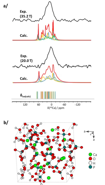 Figure 3: a/ 20.0 and 35.2 T, together with the GIPAW-DFT and III in blue, orange and green respectively; calculated isotropic shifts are to the three AIMD derived models(Model I) used for DFT calculations (see supporting information for further 43Ca MAS N