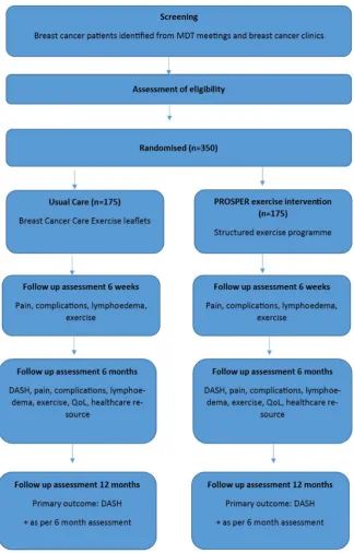 Figure 2 Trial flow diagram. DASH, Disabilities of the Arm, Shoulder and Hand; MDT, multidisciplinary team; PROSPER, PRevention Of Shoulder ProblEms  tRial; QoL, quality of life