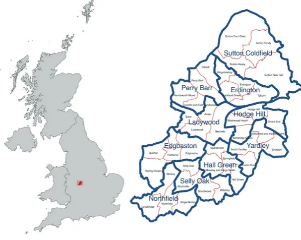 Figure 1: Birmingham and its ten council constituencies and forty electoral wards