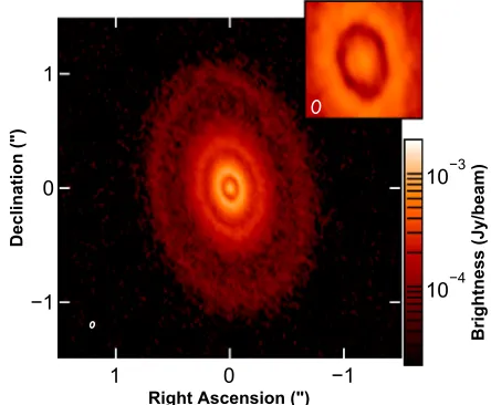 Figure 2. CLEANed image of the continuum emission obtained from our gasand dust hydrodynamical simulation containing three planets