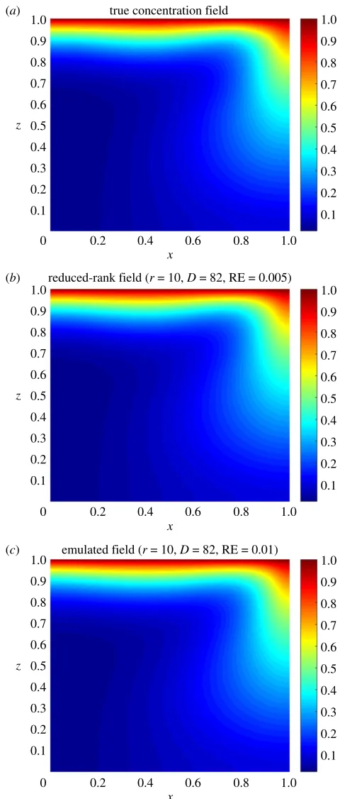 Figure 5. True (input (a), reduced rank (b) and predicted (c) concentration fields for the permeability shown in figure 4