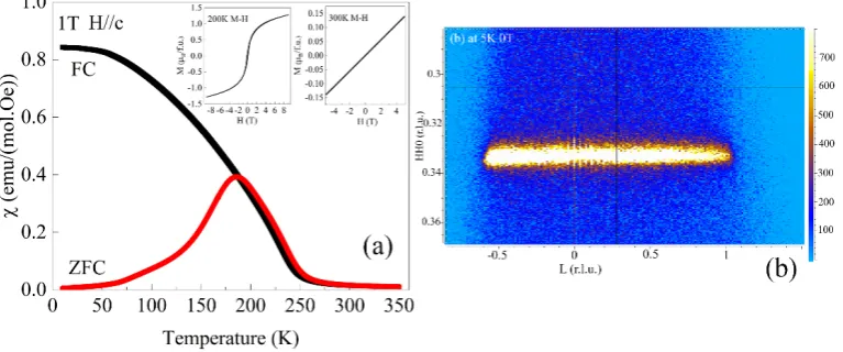 Figure 2.Figure 2. (a) Magnetic susceptibility of LuFe2O4+δ measured with an applied field of 1 T parallel to the c-axis