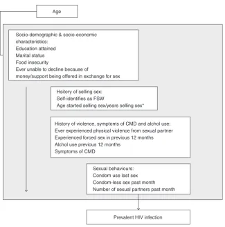Figure 1. Conceptual framework for exploring the association between variables of interest and prevalent HIV infection.CMD, common health disorder; *Not adjusted for each other and not included in adjusted model for sexual behaviors