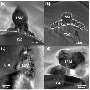 Figure 5. TEM micrographs of (a,b) LSM/YSZ interface and (c,d) LSM/GDC interface after polarization at 900oC and 500 mAcm-2 for (a,c) 1 h and (b,d) 12 h