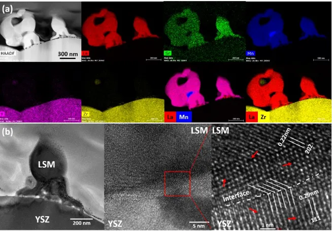 Figure 6. (a) STEM-EDS element mapping and (b) HRTEM micrographs of directly assembled LSM cathode on YSZ electrolyte after polarization at 900oC and 500 mAcm-2 for 1 h