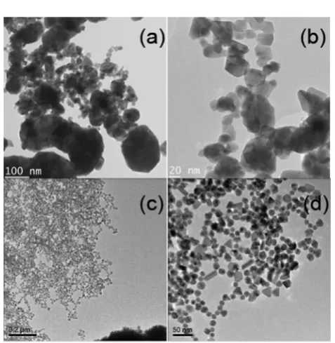 Fig. 7The TEM images of (a), (b) B20–150 nm Pd black nanoparticles,and (c), (d) highly monodisperse 16 � 3 nm PVP stabilised Pd nanoparticles.