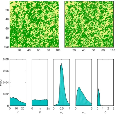 Figure 5. Top-left: Snapshot B: example of weak banding observed in seagrass. Top-right: an example simulation with parameters drawn from posterior distribution