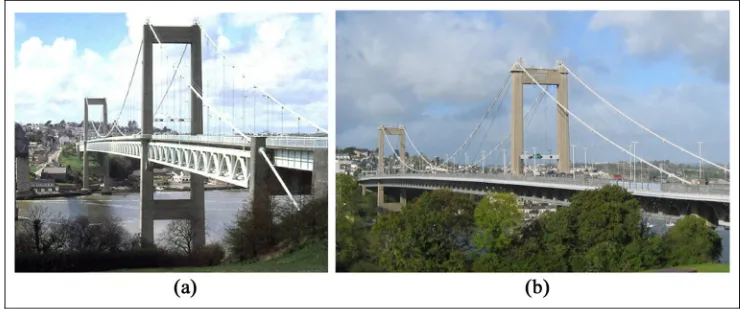 Figure 2. Tamar suspension bridge (a) before (1978)36 and (b) after (2018) its reconstruction in the late 1990s