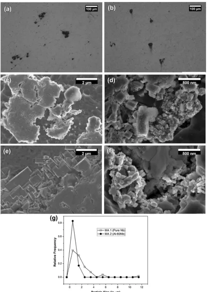 Fig. 4. (a, b) Optical micrographs showing agglomerates of particles formed in Al-5Nb-B distributed throughout the area