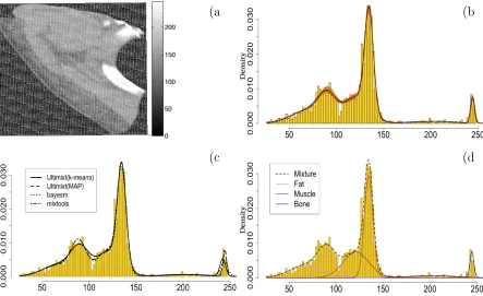 Figure 6: CT image data and the analysis result: (a) The CT image of a cross-sectionfrom a pork carcass in grey-scale units.The right bar describes the grey-scale, 0-256.(b) Representation of last 500 MCMC iterations as mixture densities with the overlaidaverage curve for k = 6 components (dark line) (c) Comparison between the mixturedensity estimates obtained by Ultimixt, mixtools and bayesm (d) Mixture model overlappingwith distributions of each components: Two violet, brown and blue lines are distributionsrepresenting fat tissue, muscle and bone, respectively.