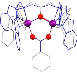 Figure 3. Overlapping structures of MnII2 complexes 1 (blue wireframe) and 2 (grey wireframe) (ethyl groups have been removed for clarity)