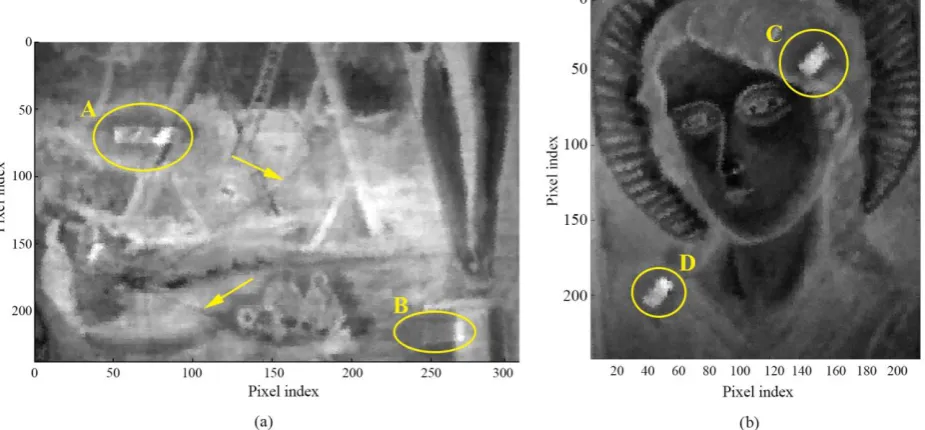 Fig. 11 Selected best frames after FFT (magnitude) for the (a) canvas at 0.15 Hz and (b) panel painting at 0.19 Hz