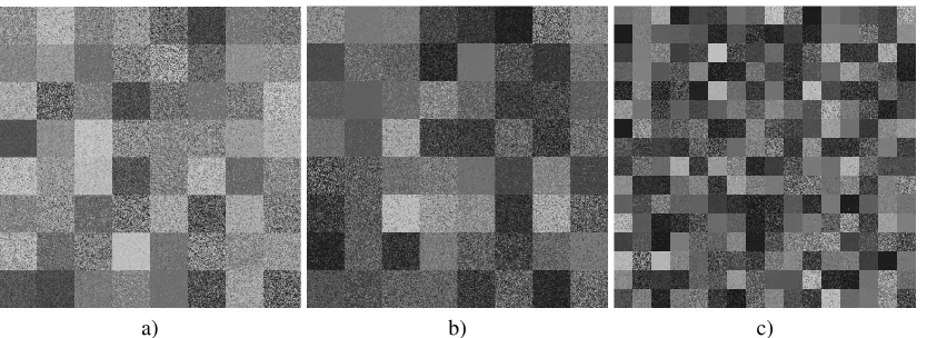FIGURE 4: Three cipher-images encrypted by HCIE: a) “Peppers” withwith 64 ×64 blocks; b) “Lenna” with 64 ×64 blocks; c) “Lenna” 32 × 32 blocks