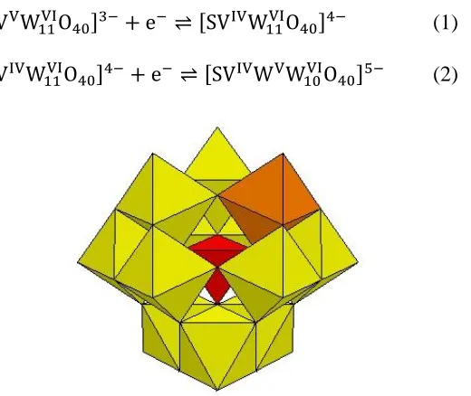 Figure 1. The structure of [SVW11O40]3-. Color code: S (red), V (orange), W (yellow).[37] 