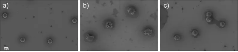 Figure 3. Scanning Electron Microscopy (SEM) images of poly(styrene-deformations (synthesized by dispersion polymerisation (calcium carbonate to impart “large deformations (co-methacrylic acid) microspheres a), after deformation at 130 °C in the presence of cigar-shaped ld)” (b) and at 110 °C with spherical zinc oxide to yield “small sd)” (c).