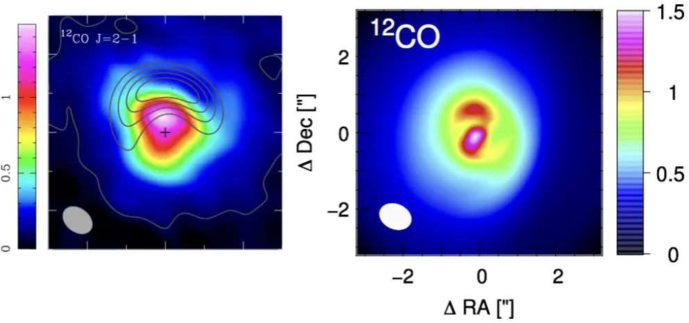 Figure 4. Gas inside the cavity. Predicted 12CO J=2–1 from simulation R2 (right), compared to ALMA observations (left; credit: Figure 1 of Perez et al.(2015) ©AAS, reproduced with permission)