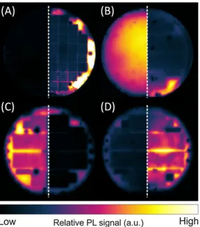 FIGURE 5A) Photoluminescence (PL) imageusing buffered HF etch (left) and RIE etch(right) with proceeding boron diffusion; D) PLimage of wafer without (left, cell A) and with(right, cell B) bulk floatwafers are 4[Colour figure can be viewed atpostsun, with 