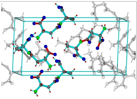 Figure 1: Structure of ß-L-Aspartic acid-L-Ala dimer. The four molecules of the unit cell are displayed in color and the other molecules are displayed in transparent grey