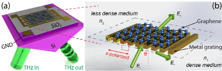 Fig. 1. (a) Graphene-loaded metal wire grating modulator in the TIR geometry. The graphene device was deposited on high-resistivity SiO2/Si substrate and placed on a Si prism