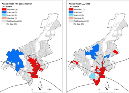 Fig. 4. Local Moran’s I cluster and outlier analysis for residential exposure to air pollution (left) and noise (right) (p-value < 0.05) (highways and urban ring roadadded for spatial reference).