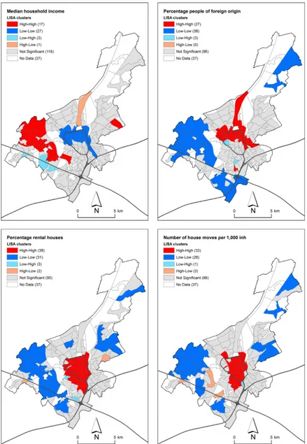Fig. 5. Local Moran's I cluster and outlier analysis for median household income, percentage people of foreign origin, percentage of rental houses and the relativenumber of house moves (p-value < 0.05) (highways and urban ring road added for spatial reference).