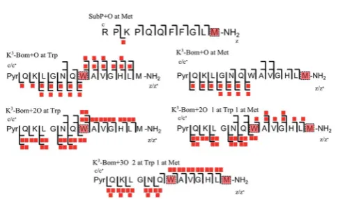 Fig. 4Oxidised peptide species observed and fragmented by ECDMS/MS. Oxidative modiﬁcations (indicated by red squares) can bereadily located on single amino acid residues (highlighted)