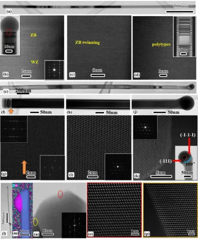 Figure 5. (a)~(d) GaAs NWs without doping. (a) Low magnification TEM image 