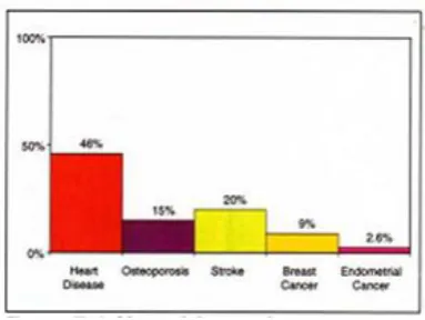 Figure 3.3 represents vertical bar graph format represents lifetime risks of heart disease, osteoporosis, stroke, breast cancer, and endometrial cancer (Schapira et al., 2001) 