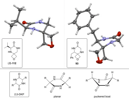 Figure 2.5 X-ray crystal structures of oxetane-containing spirocycles (S)-112 and 93 with thermal ellipsoids drawn at 50% probability level and typical confirmations of 2,5-DKPs.53 