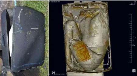 Figure 1: a) Crime scene photograph of first suitcase. b) CT scan of the same suitcase containing the torso, right leg, and partial left leg