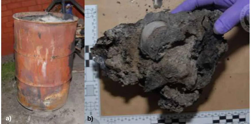 Figure 4: a) Oil drum recovered from the suspects’ backyard, containing remains of a substantial bonfire