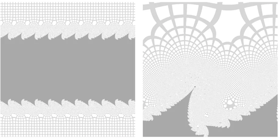 Figure 3. Basin B in Fatou coordinates; a = .3; 10 periods (left) and detail (right).