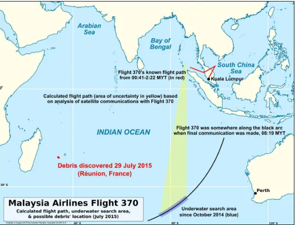 Figure 2: Map plotting the disappearance of Malaysia Airlines Flight 370 after debris was For Peer Reviewfound in Reunion, compared with MH370 flight paths and underwater search area