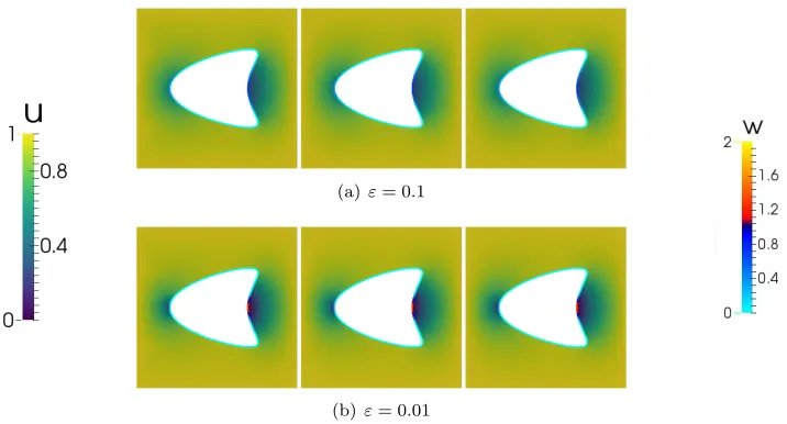 Fig. 12 at.5 on the coarse mesh with large time step (left), the twice globally reﬁned mesh with medium W for the experiments of Appendix   (ztn A(a)un= t = 0
