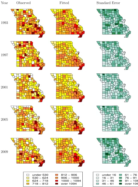 Figure 5: State of Missouri. Standardized mortality ratio per 100,000 inhabitants for 45 to