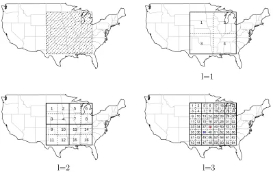 Figure 6: USA Tornado alley and multiscale structure for each of the three levels of resolution.