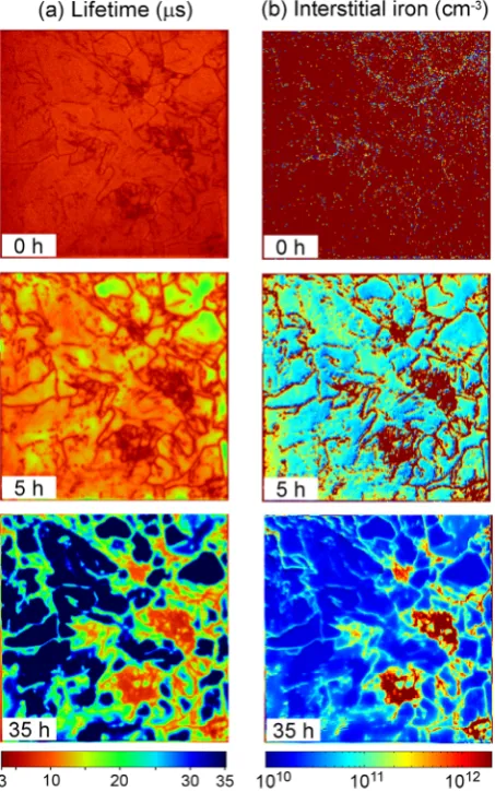 Figure 6. (a) PL lifetime images of a 3.9cm by 3.9cm mc-Si bottomingot sample after annealing at 400 �C for 0, 5, and 35h, with (b)corresponding interstitial iron concentration maps
