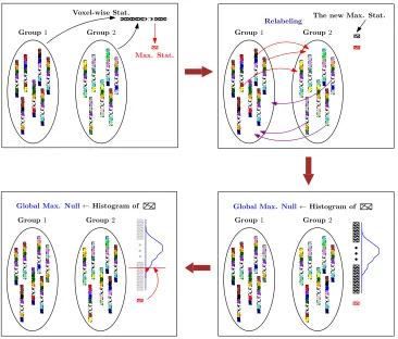 Figure 1: Flow diagram of the permutation testing procedure described in algorithm 1. Group 1 and Group2 correspond toto X1 and X2, each new max stat corresponds to each mi, and the global max null corresponds hL.