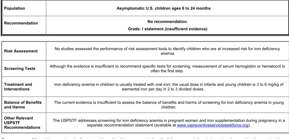 FIGURE 1Screening for iron deﬁciency anemia in children: clinical summary.