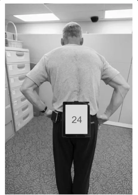 Figure 2 The iPad’s gyroscope and accelerometer capture linearand rotational movement to calculate volume of postural swaywhen belted to the waist of the participant