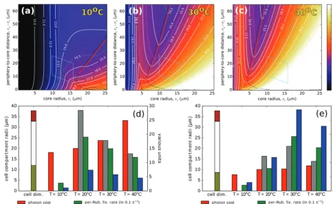 Fig. 7. Temperature dependence of C4 photosynthesis. (a–c) C4-optimized photon cost landscapes at ambient temperatures of 10, 30, and 40 °C,  plotted as Fig. 3 (20 °C)