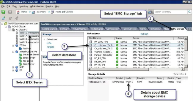 Figure 4. Datastore subview of the VMware ESX context view of EMC Storage Viewer 