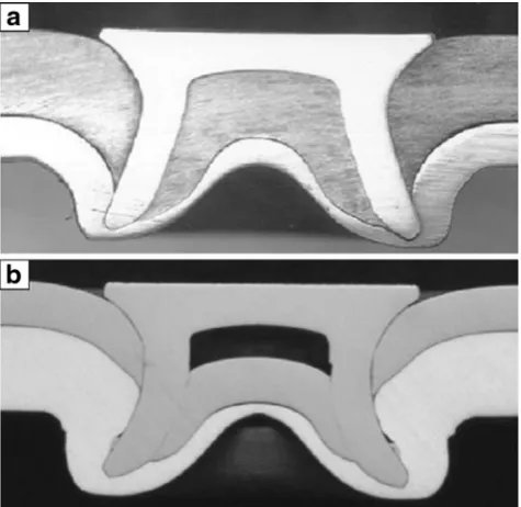 Fig. 18 The cross-sections of SPR joints with different stack orientations1 mm HSLA 350 + 2 mm AA5182 O (modified from [but the same rivet and die, a 2 mm AA5182 O + 1 mm HSLA 350 and b103])