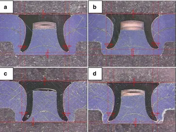 Fig. 29 The cross-sections of thehardness level 2 sharp rivet [hardness level 2 blunt rivet andSPR joints with different rivets, ahardness level 1 blunt rivet, bhardness level 1 sharp rivet, c d125]