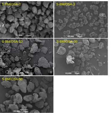 Fig. 2 SEM micrographs of the starch granules subjected to the BM/OSA modification for 0, 3, 10, 