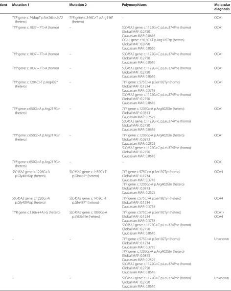 Table 2 Detected TYR, SLC45A2, and OCA2 mutations and polymorphisms