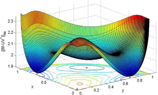 Figure 1: Objective function of (WLRA) with respect to the parameters (x, y).