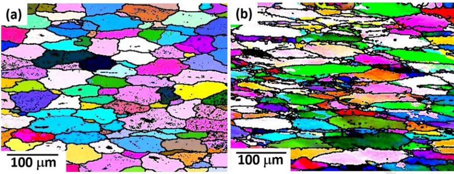 Fig. 8 shows the grain orientaion in as cast alloy and semi solid processed in-situ Al-Cu alloy