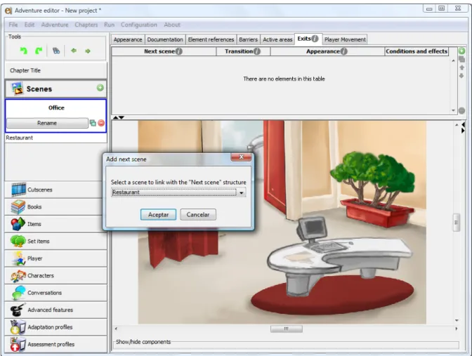 Figure 15. Scene edition panel, selecting the next scene when adding an exit 